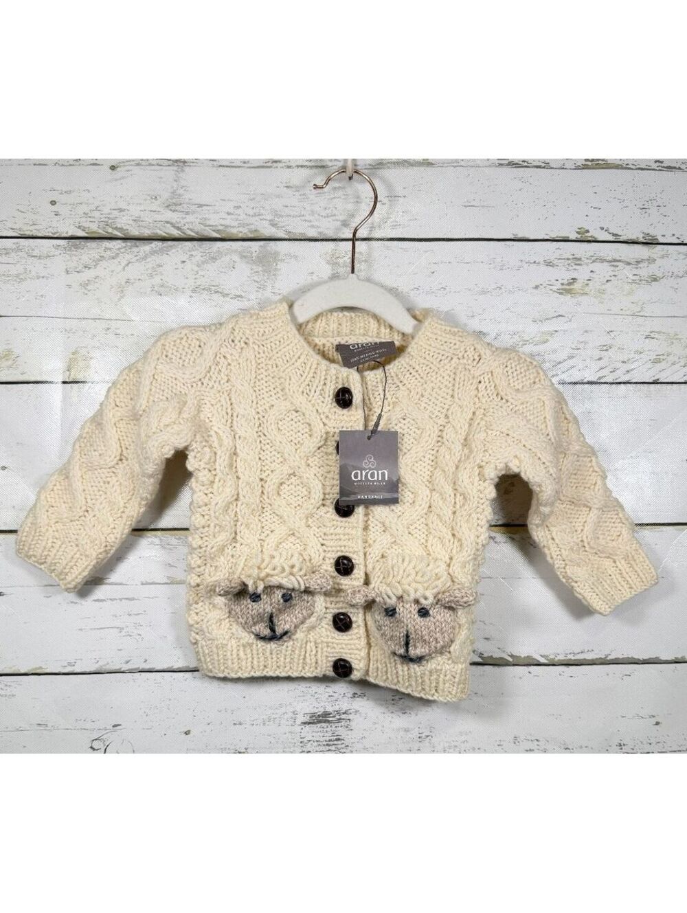 Aran 100% Merino Wool Handknit Baby Shepley Cardigan Sheep Pockets Sz Small NWT